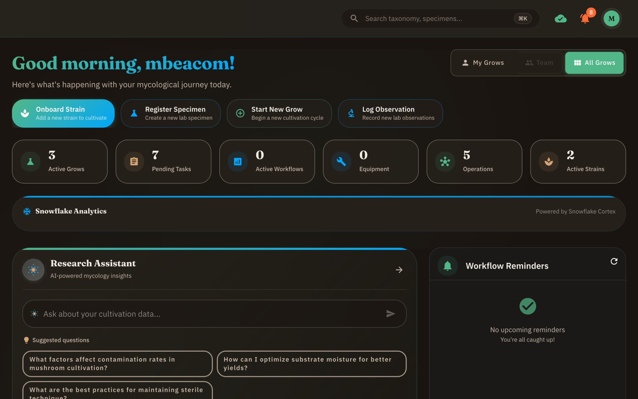 WeMush Cultivator Dashboard with active grows, growth charts, and task overview
